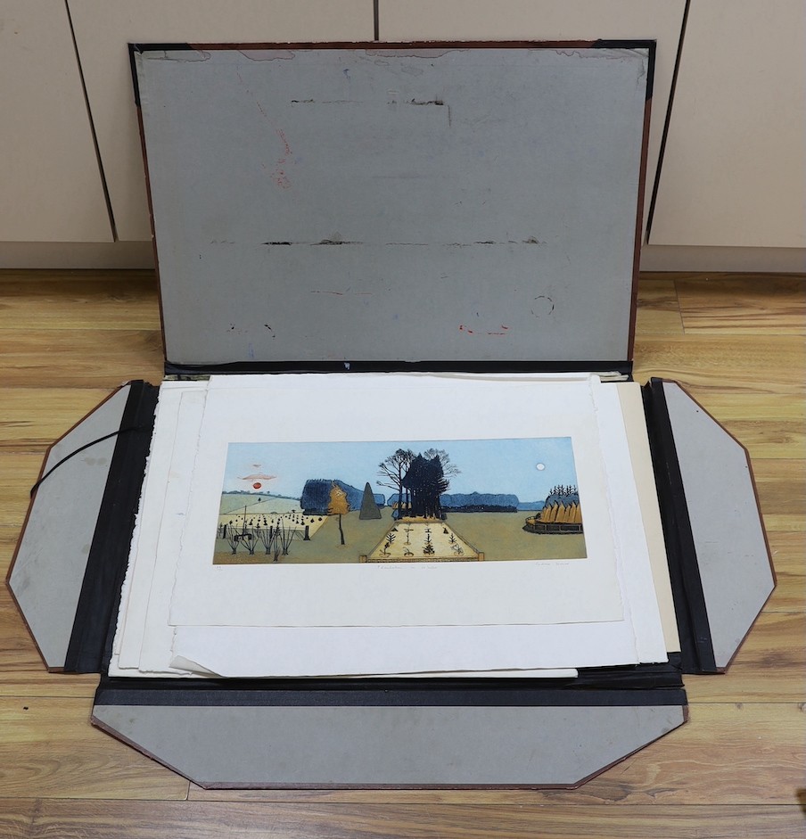 Cedric Horner (1937 - 2003), eight limited edition etchings, Plantation in Winter 29/50, Firework 6/50, The Visit 19/50, Christmas Tree 2/25 and 14/25, Fairground Figure, together with a figure sketch (8)